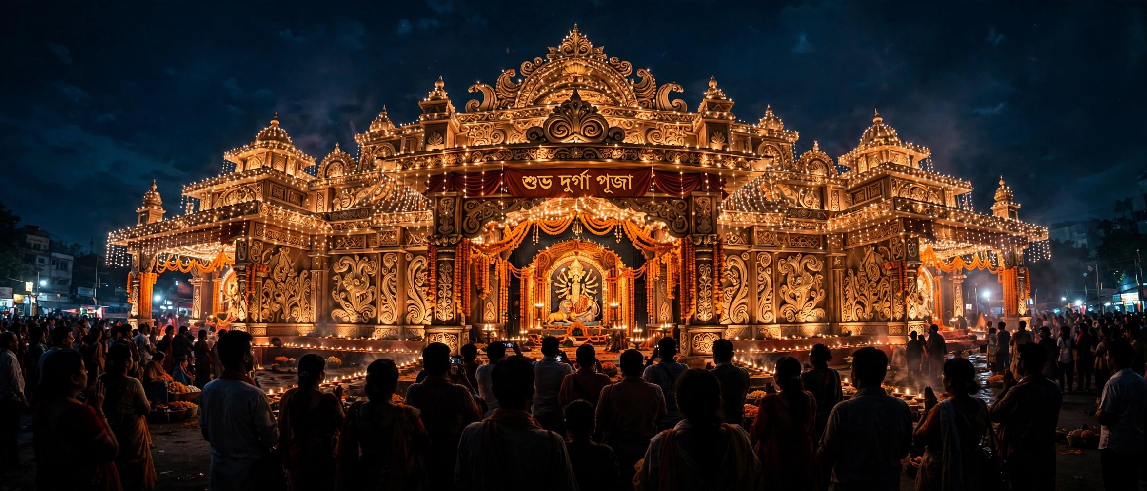 Durga Puja pandal glowing at night with crowds